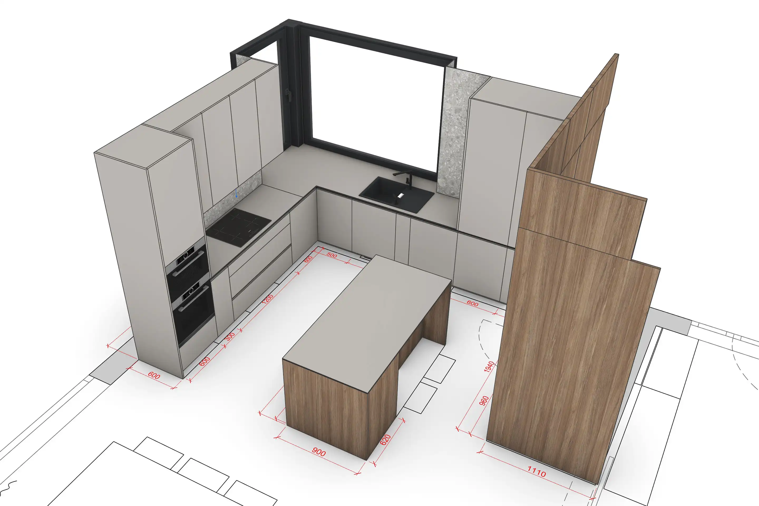 Dizajn kuchynskej linky v 3D