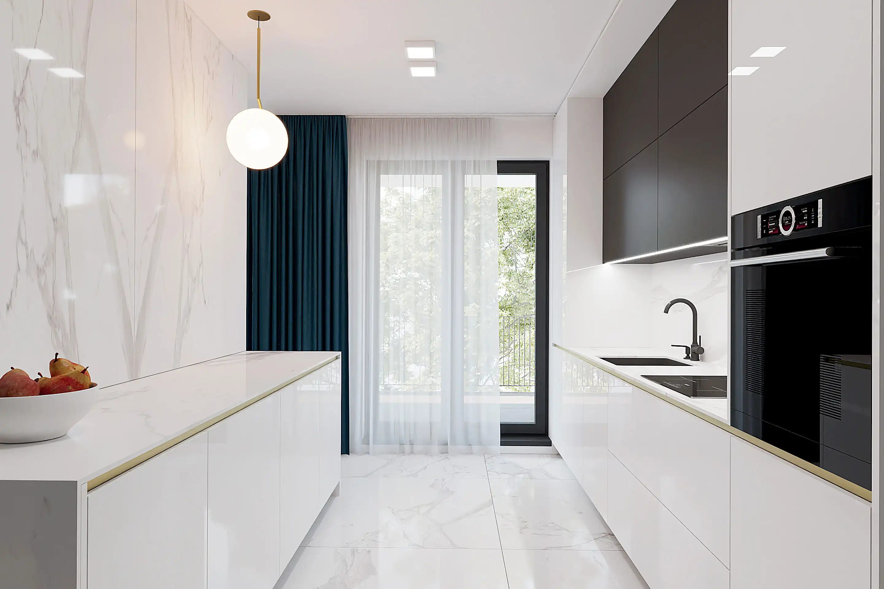 Dizajn bytu s luxusnou bielou kuchyňou