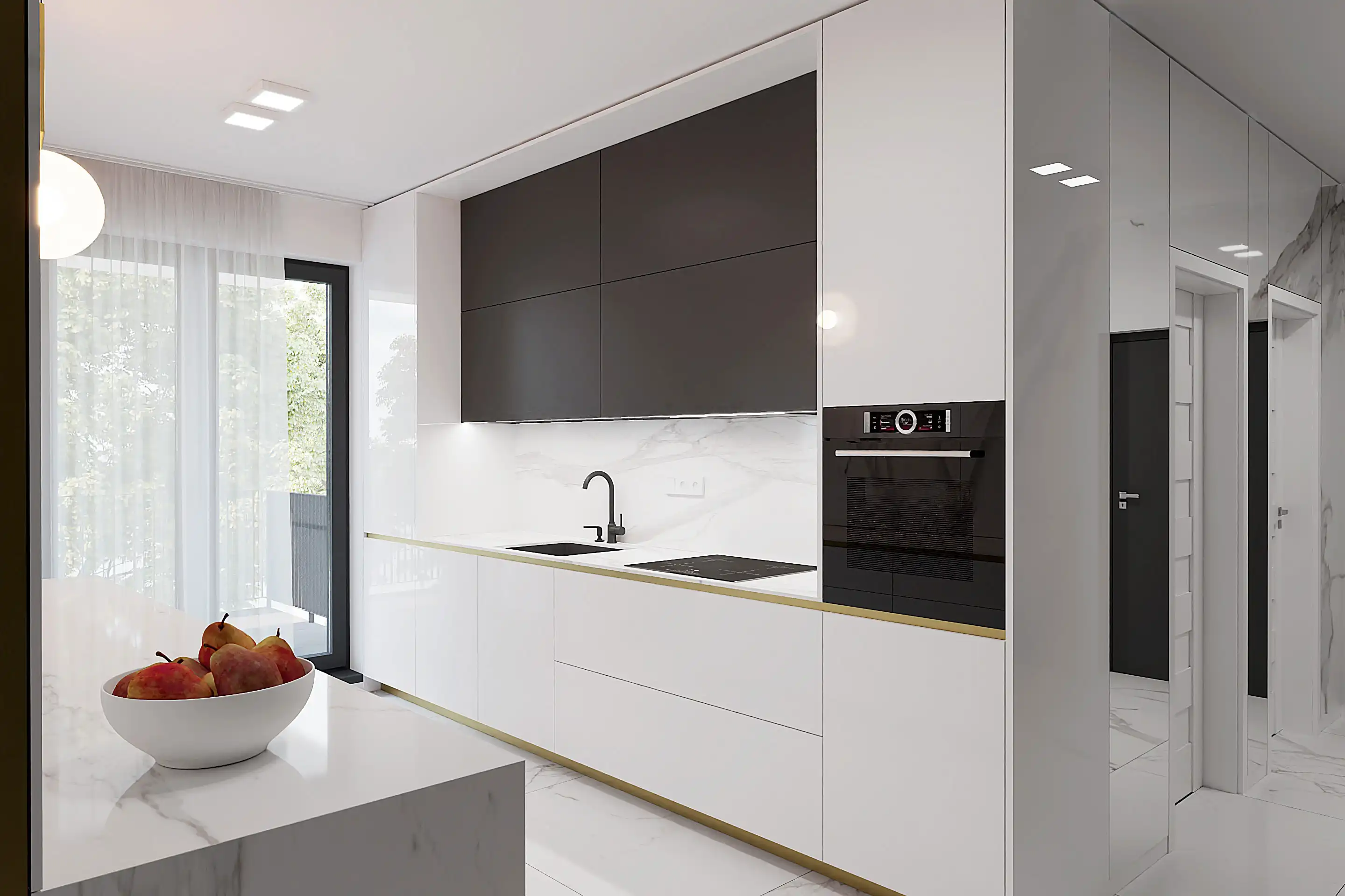 Moderný dizajn bytu s bielou kuchyňou