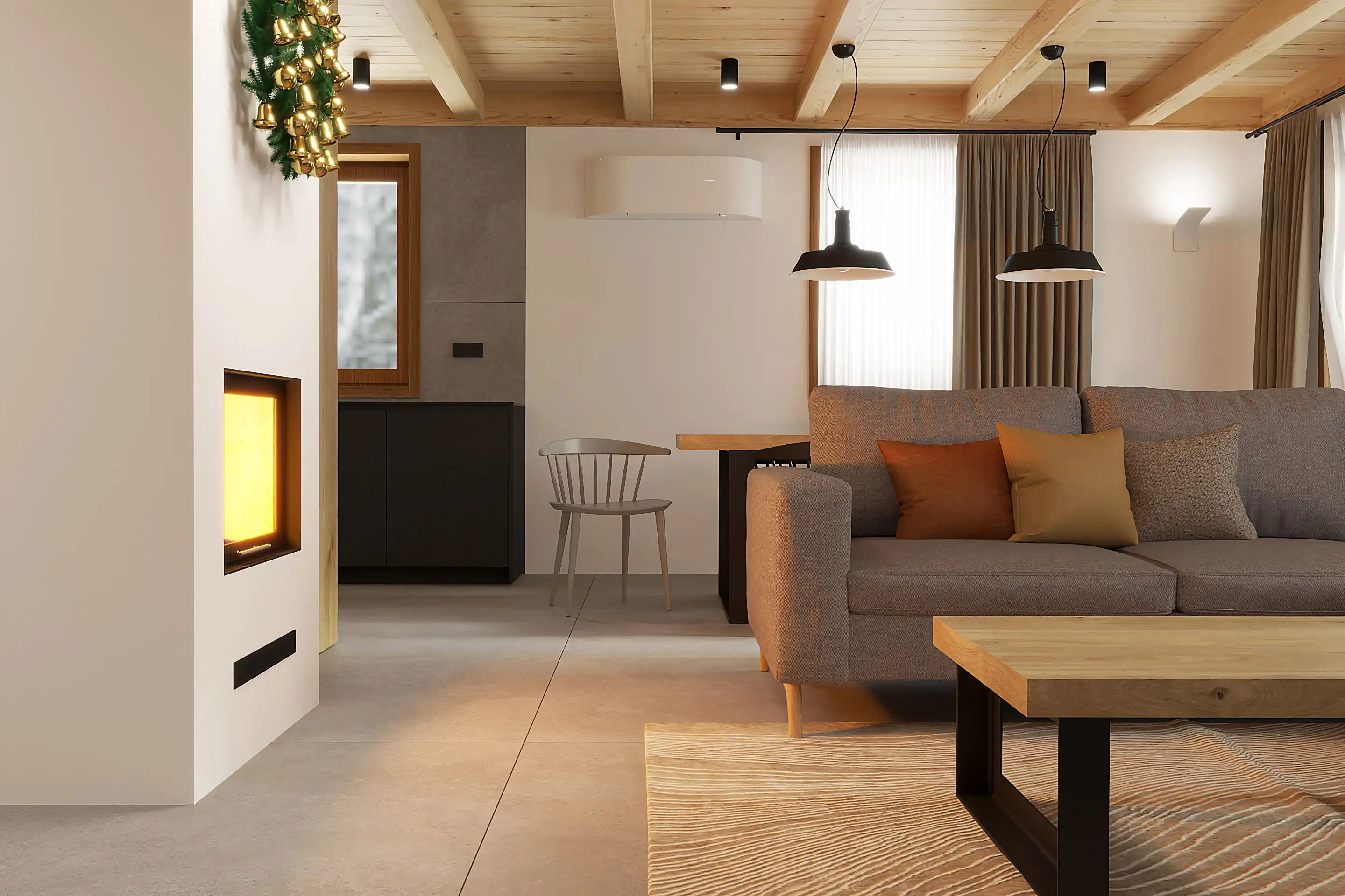 Moderná chata kombinuje drevený strop s veľkoformátovou dlažbou.