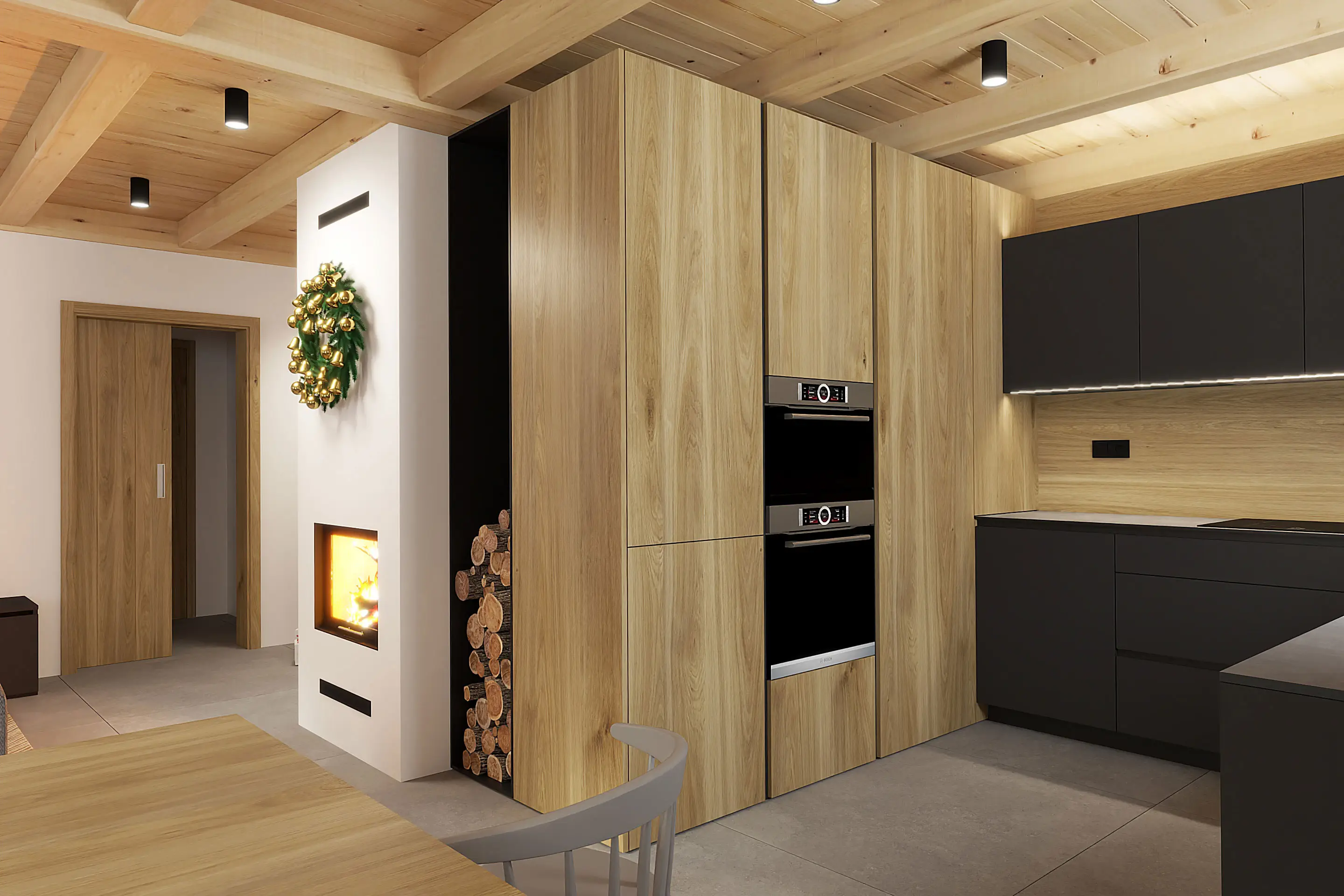 Kombinácia čiernej kuchyne s drevom v interiéry chaty