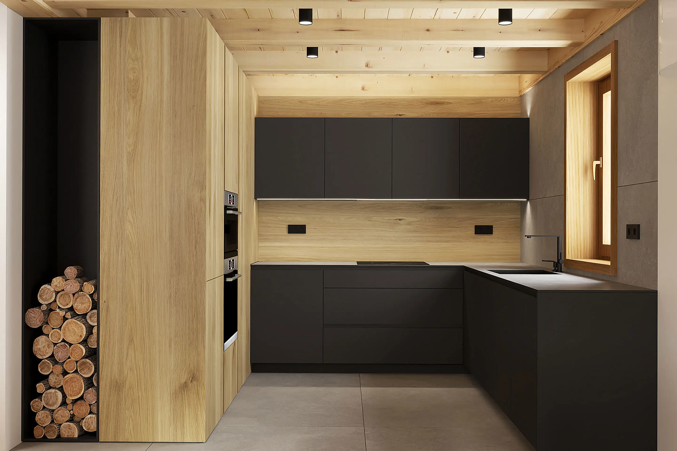 Kuchyňa drevo čierna a kompaktná pracovná doska
